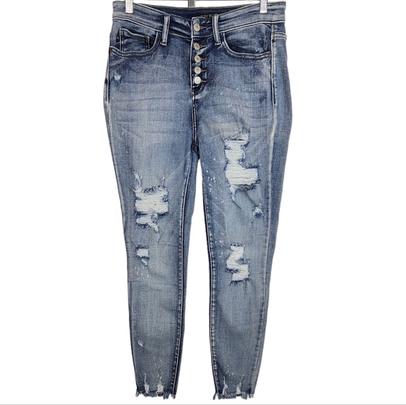 Judy Blue High Rise Skinny Jeans Bleach Splash Distressed Raw Hem Stretch 28 7 - Picture 2 of 13